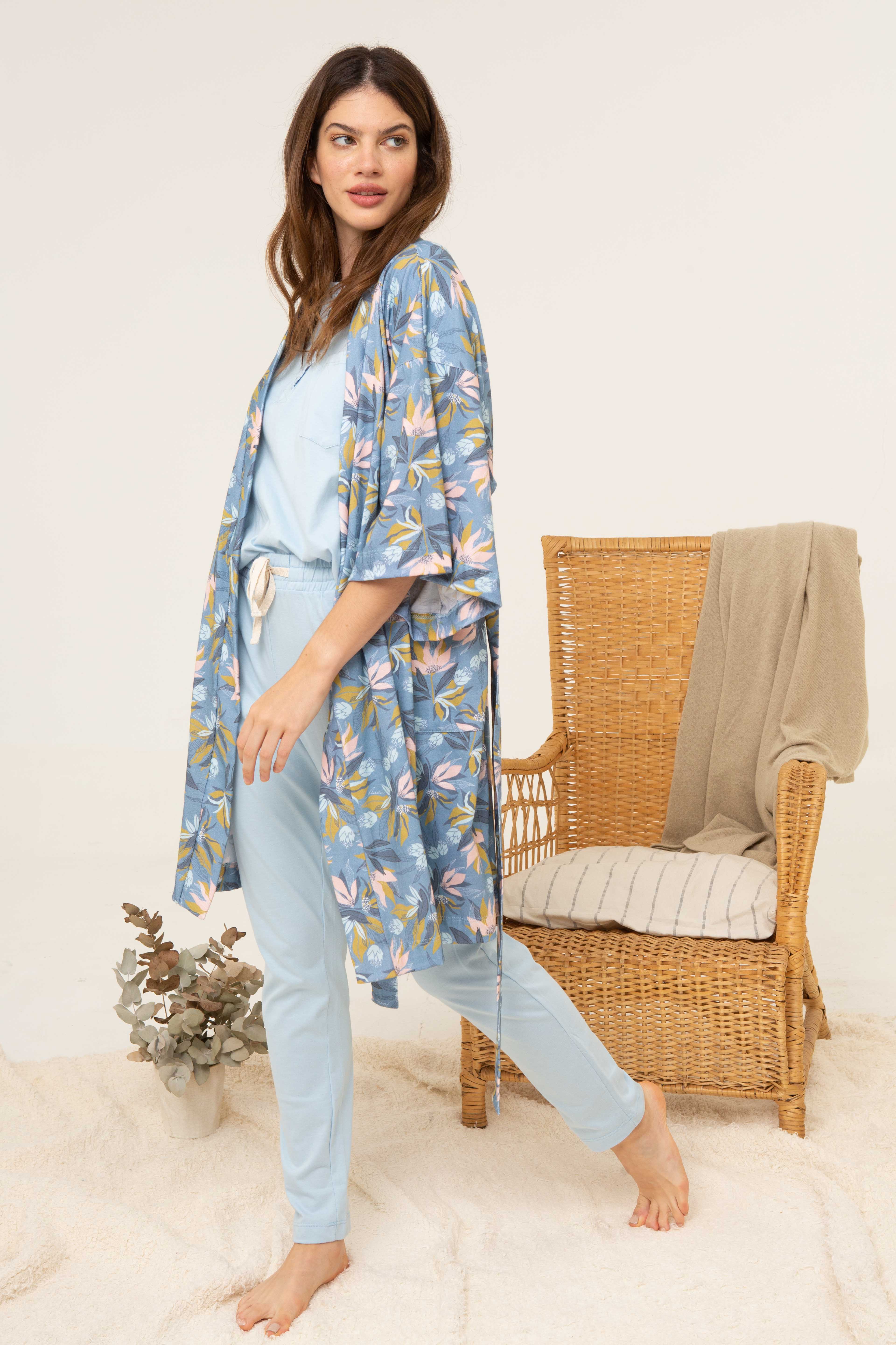 Kimono Indira flores azul | pijamas | Para hacer Fiaca